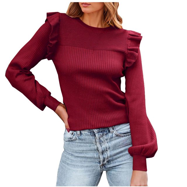 MESSUEN Chandail à Col Rond pour Femmes Hauts à Volants pour Femmes Chandails à Enfiler Chemisiers d'Été pour Femmes T-Shirts Basiques pour Femmes Chemisiers pour Dames Chemisiers Vin m