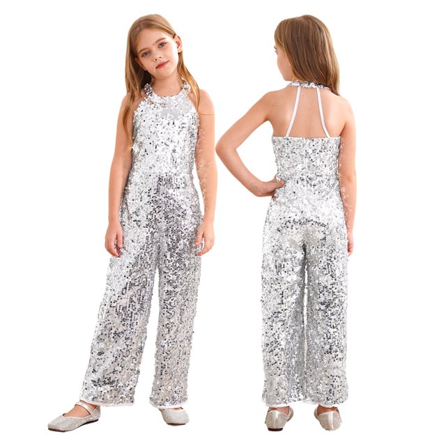 TSSOE Combinaison à Paillettes pour Demoiselle d'Honneur Enfant, Barboteuses de Concours Formelles pour Filles, une-Pièce Sans Manches à Dos Nu, Argent 12