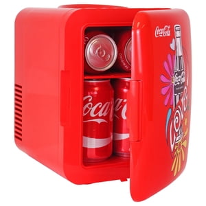 Coca-Cola 4L Portable Mini Fridge, 6 Can Mini Cooler/ Warmer for Travel, Office & Home- Red