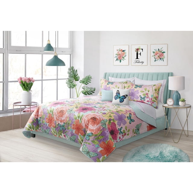 Safdie & Co. Quilt 3PC DQ Printed Felicity set on a light teal upholstered bed featuring a multicolour floral and butterfly print quilt and matching shams made of 100% polyester microfiber. Displayed in a bright bedroom with teal pendant lights, pink tulips, and floral wall art. Suitable for enhancing bedroom comfort and style.