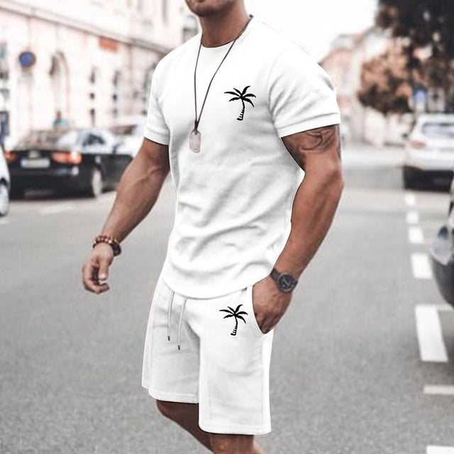 Ensemble de Survêtement d'Été pour Homme, Tenue Athlétique Décontractée, Manches Courtes, Col Rond, Grande Taille, Ensemble à Blocs de Couleur, Taille à Cordon, Confortable et Stylé, Vêtement de Mise en Forme