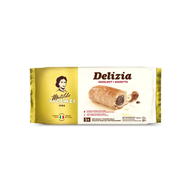 Vicenzi Baked Flaky Puff Pastry Rolls Filled with Hazelnut Cream 125GR package with golden-yellow and white wrapper, showing the Delizia hazelnut brand name, an image of a flaky pastry roll filled with smooth hazelnut cream, and the Matilde Vicenzi logo from Verona, Italy.