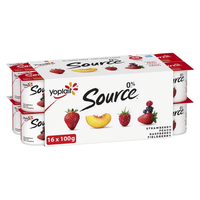 Yoplait Source 0% Smooth Traditional Yogurt Cups Variety Pack with no added sugar, featuring 16 cups of 100g each in strawberry, peach, raspberry, and fieldberry flavors, shown in a white box with red lids and fruit images, suitable for snacks or breakfast parfaits.