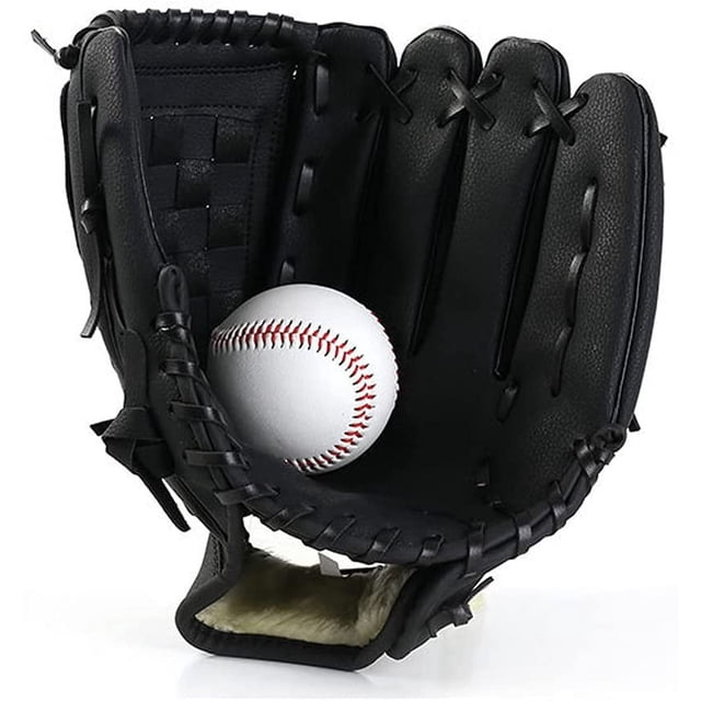 Gant de Baseball Gants de Sport pour Frapper Baseball Catcher's Mitt by Biinggo, Dotés d'Une Doublure de Paume en PU pour une Durabilité, un Confort et une Sensation Accrus. le Gant a une Sangle à Tissage Panier et un Coussinet de Paume Rembourré pour Réduire l'Impact. Il Comprend une Sangle de Liaison Ajustable pour un Ajustement Sécuritaire et une Poche Formée à la Main pour Ramasser Ou Attraper Facilement. le Gant Noir Est Montré Tenant un Baseball Blanc avec des Surpiqûres Rouges.
