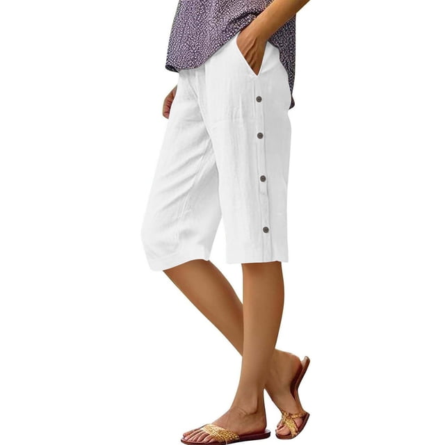 BLVB Linen Shorts for Women High Waisted Lightweight Bermuda Shorts Side Button Short Beach Vacation Outfits Pockets