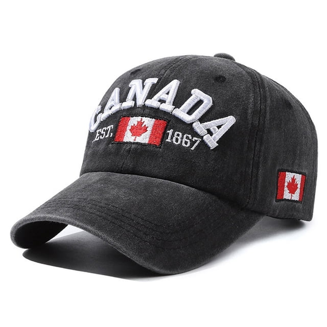 Canada Baseball Caps Canada Day Adjustable Hat with Embroidered Maple, designed in black polyester with bold white 'Canada' text and a red maple leaf flag embroidery on the front. This adjustable baseball cap fits head sizes 56-60cm (22.05-23.62 inches) and is perfect for enthusiasts, tourists, and outdoor activities celebrating Canada Day or showcasing Canadian pride.