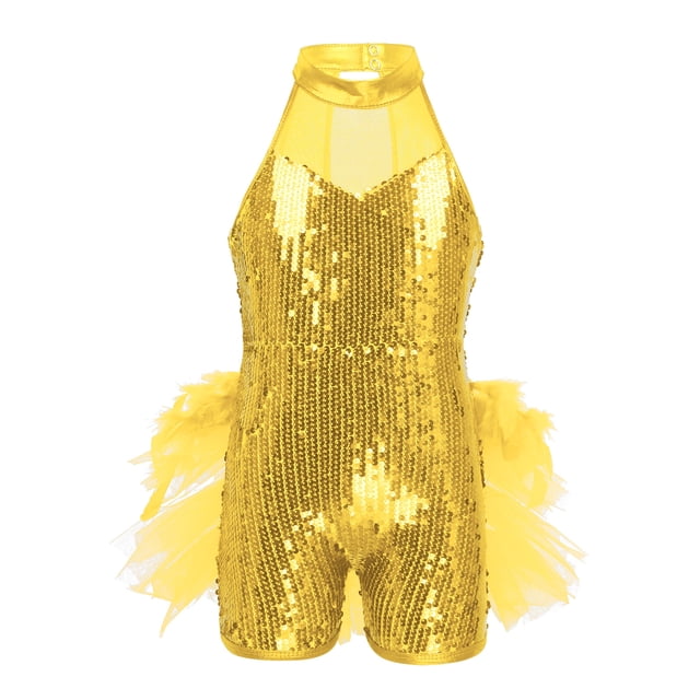 Linjinx Robe Tutu de Danse Ballet à Sequins Brillants pour Filles, Costume de Performance Jazz Latin Moderne Jaune 12