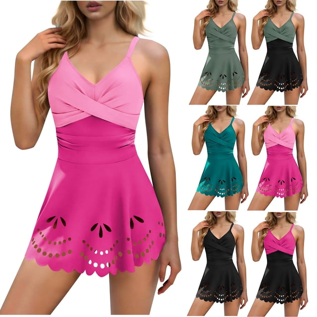 Sentmoon Bikinis pour Femmes avec Soutien-Gorge Intégré, Bretelles Spaghetti, Maillot de Bain Ample, Maillot de Bain pour Femmes, Ventre avec Jupe Découpée, Maillot de Bain Modeste, Robe de Bain à devant pour Nage en Longueurs et Entraînement, TTG
