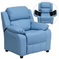 thumbnail image 1 of Deluxe Padded Contemporary Light Blue Vinyl Kids Recliner with Storage Arms, 1 of 9