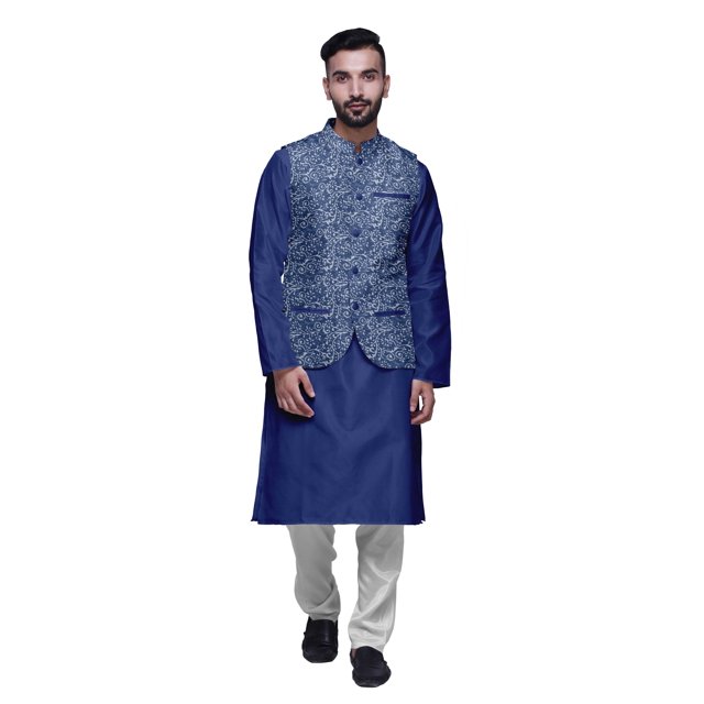 Atasi Mandarin Collar Traditional Solid Kurta Pajama With Printed Jacket Set