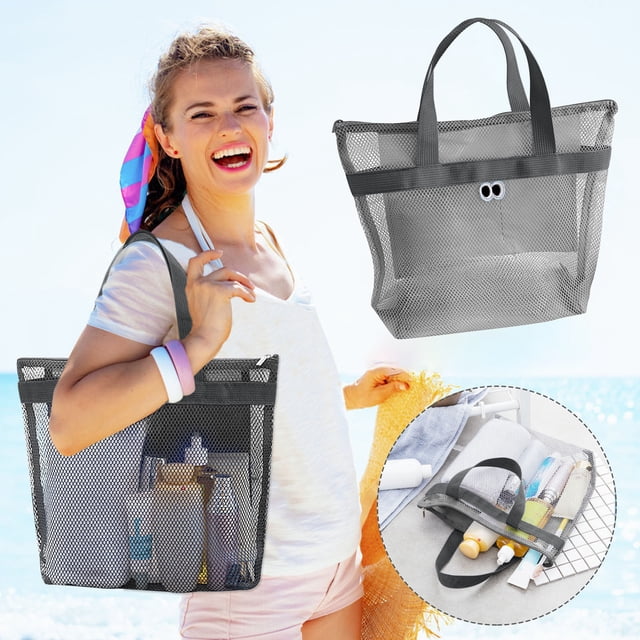Yrmaups Sac de Plage en Maille, Grand Sac Fourre-Tout Portable à Grande Capacité, Rangement pour Piscine de Voyage, Fourre-Tout Anti-Sable pour Serviettes Jouets, Sac d'Équipement de Plage
