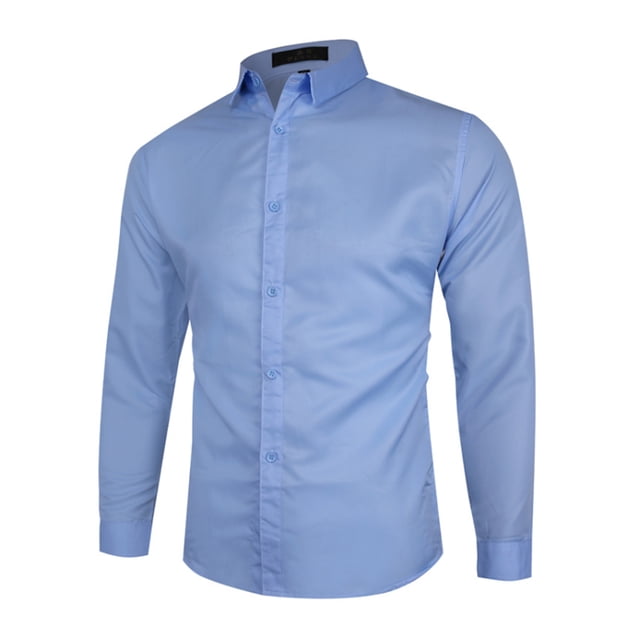 LUXUR Chemise Tunique Homme Boutonnée Col à Revers Ajustée Manches Longues Bleu Clair 5TG