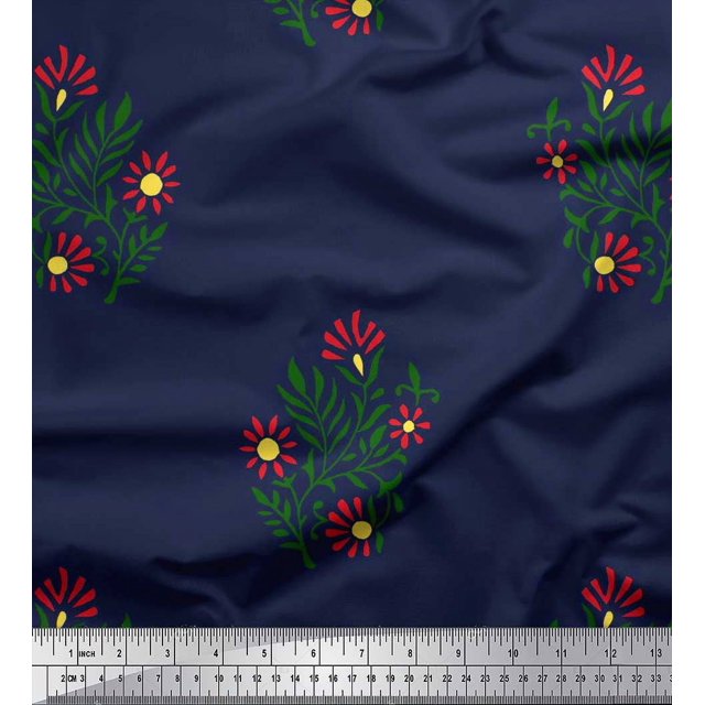 Soimoi Poly Georgette Fabric Leaves & Floral Block Print Fabric by Yard 52 Inch Wide