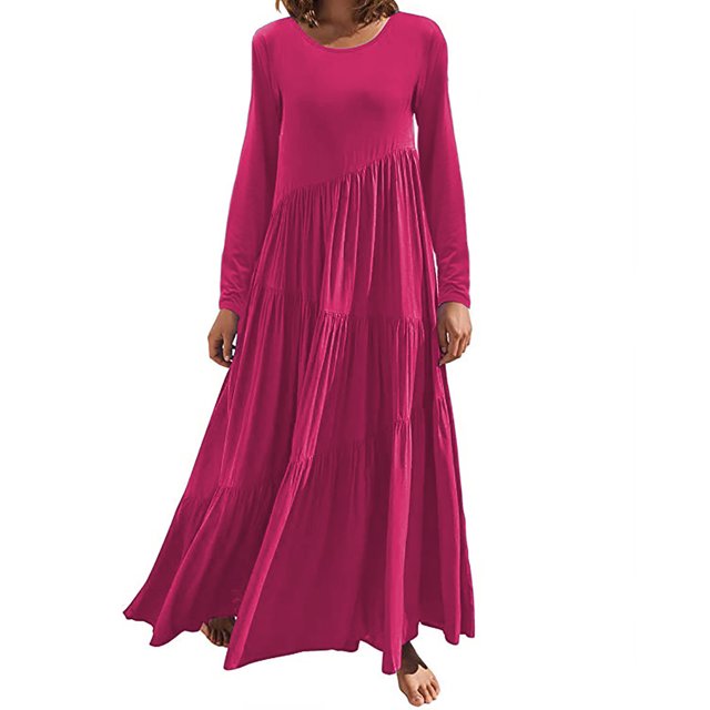 Long Sleeve Dress Women Womens Solid Color Loose Long Sleeve Long Dress Round Neck Asymmetric Layered Beach Long Dress Womens Long Sleeve Dress Cold Shoulder Dress for Women