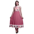 thumbnail image 1 of Bimba Robe Anarkali à Col Mandarin pour Femmes, Rose, Imprimée à l'Aquarelle, de Designer, Ethnique Indienne, Kurta, Grande, 1 of 6