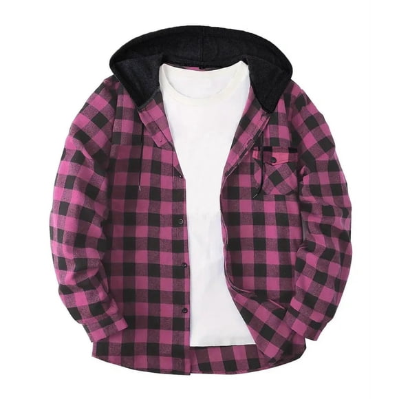 aohooy Flannel Shirt Jacket Men - Trendy Casual Button Down Plaid Long Sleeve Fall Jackets with Pockets Hot Pink,M