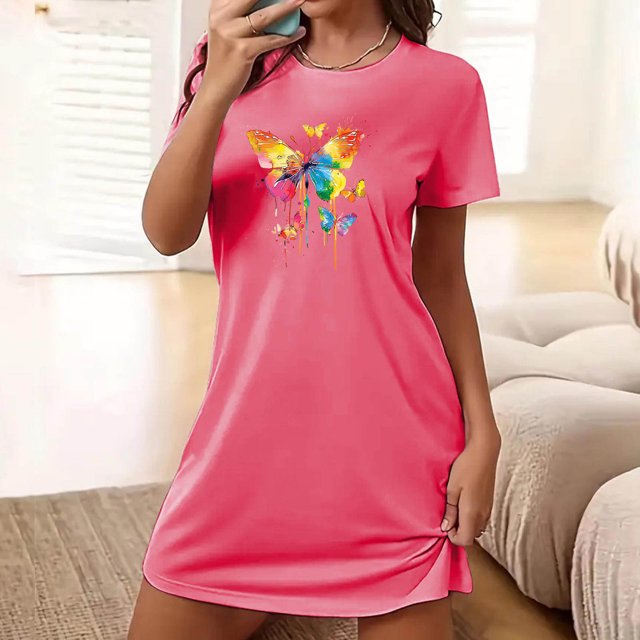Chemises de Nuit pour Femmes, Chemise de Nuit Courte Surdimensionnée pour Femmes Mode à Imprimé sur la Poitrine à Manches Courtes