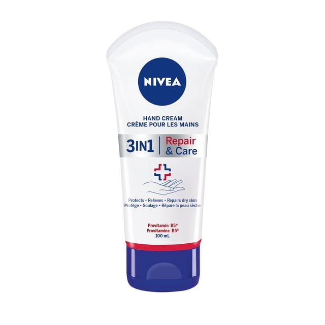 NIVEA Crème pour les Mains 3-en-1 Réparation et Soin tube 100 ml avec Corps Blanc et Bouchon à Clapet Bleu, Conçue pour Hydrater et Réparer les Mains Très Sèches avec Provitamine B5, Offrant une Hydratation Protectrice 24 H, Soin et Soulagement de la Sécheresse