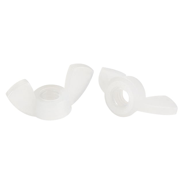 Unique Bargains M4 Wing Nuts Butterfly Nut Nylon Hand Twist Tighten Fasteners White 25 Pack. Two white nylon wing nuts with M4 female threads and a thread pitch of 0.7mm, designed for easy hand tightening and frequent adjustments. Each nut measures 17.7mm in length, 7.7mm in diameter, and 8.4mm in height. Suitable for applications like fixing plates, blinds, drums, cymbals, music stands, folding chairs, quick clamps, and home furnishings. Reusable and easy to install without tools.