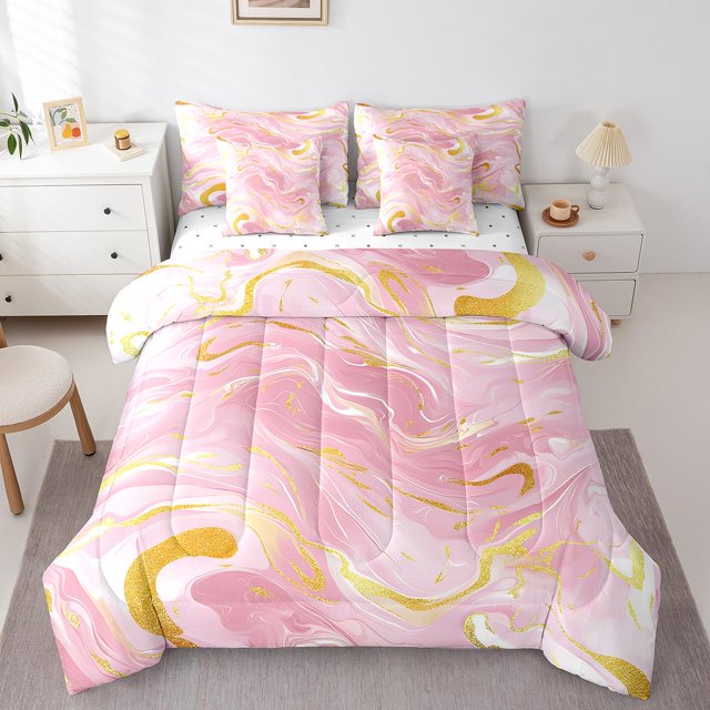YST Ensemble de Literie Aquarelle Rose 7 Pcs avec Couette, Marbre Rose Format Simple, Microfibre