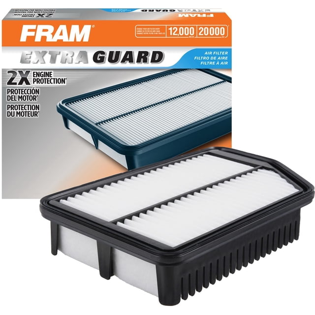 FRAM EG Air Filter CA11053A with white pleated filter media in a black rectangular plastic frame, shown with its FRAM Extra Guard packaging featuring orange and white branding, highlighting 2X engine protection and recommended replacement every 12,000 miles or 20,000 kilometers, ideal for maintaining engine performance.