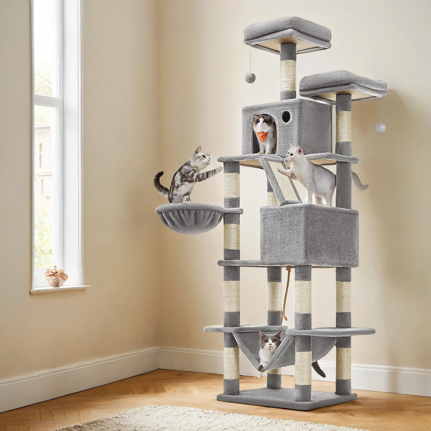 LEDREM 81.1-Inch Multi-Level Cat Tree with 13 Scratching Posts, 2 Perches & Hammock - Large Cat Tower for Indoor Cats, Light Grey