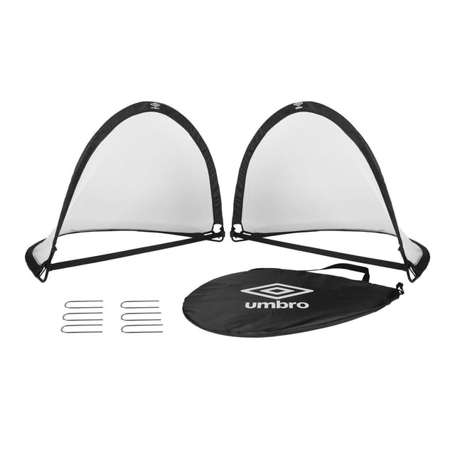 Umbro 3x2 Foot Soccer Pop up Net set with two collapsible white mesh goals framed in black, six metal ground stakes, and a black carry bag with Umbro logo, suitable for portable indoor and outdoor soccer training and practice.