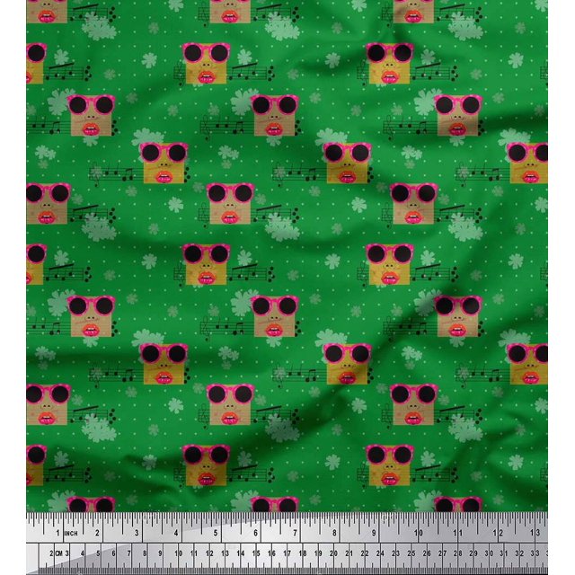 Soimoi Tissu Georgette Viscose Vert Notes de Musique, Pois et Lunettes Décor Mode Tissu Imprimé au Mètre 42 Pouces de Large