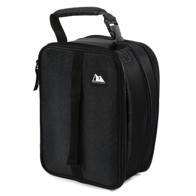 Arctic Zone Sac à Lunch Thermique Vertical Extensible en polyester Noir avec Panneau avant Texturé, Poignée Rembourrée avec Boucle de Dégagement Latérale, Fermeture Éclair Extensible pour Capacité Accrue, et logo Arctic Zone, Doté d'Une Isolation Thermique Haute Densité et d'Une Doublure Anti-Fuite pour Garder les Repas Frais.