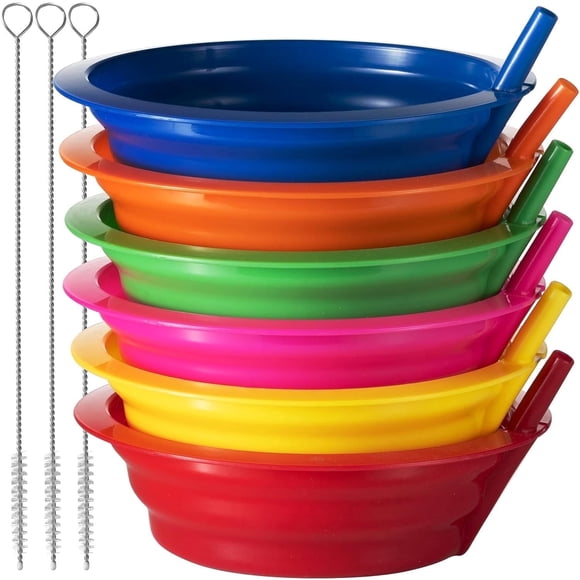 JoyServe Cereal Bowls with Straws for Kids - Set of 6 20 Ounce BPA Free Reusable Plastic Bowls with Built In Straw for Toddlers and Children, Dishwasher and Microwave Safe, 3 Cleaning Brushes Included