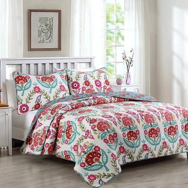 Cozy Line Home Fashions Pink Red Floral 100% Cotton Reversible Quilt Bedding Set, Coverlet Bedspread (Fuchsia Flowers, King - 3 Piece)