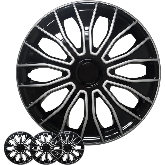 Wheel Cover Kit, 14 Inch Hubcaps Set of 4 Automotive Hub Caps with Universal Snap-On Retention Rings, 2-Tone ABS Plastic Black and Silver Rim Covers for All Makes, Models (SG-5086-DP-14)