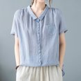 thumbnail image 2 of Timegard Womens Cotton Linen Tops Stand Collar Ruched Short Sleeve Button up Blouse Casual Loose Tops, 2 of 9