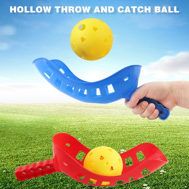 Hollow Throw And Catch Ball Toy Parent-Child Interactive Outdoor Game Kid Toys featuring a lightweight, non-toxic plastic design. The set includes two curved handles, one in blue and one in red, and a yellow hollow ball. Designed to promote hand-eye coordination, creativity, and motor skills, this toy is ideal for outdoor play and parent-child bonding. Shown on a grassy outdoor background.