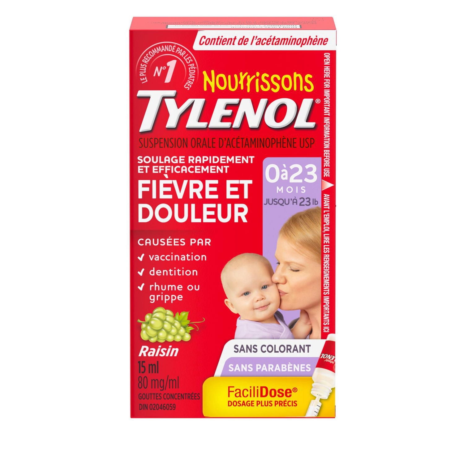 Tylenol Médicament pour Nourrissons, Soulagement de la Fièvre & de la Douleur, 0-23 Mois, Suspension Liquide au Raisin Sans Colorant, Acétaminophène 80mg