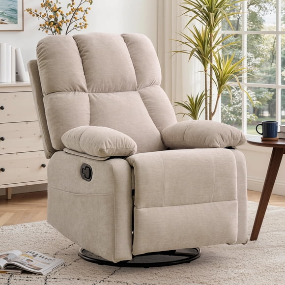 Korser Swivel Rocker Recliner Chair for Adults,360°Swivel Nursery Recliner with Side Pockets,Small Recliner Chair for Small Spaces for Living Room,Linen,Khaki