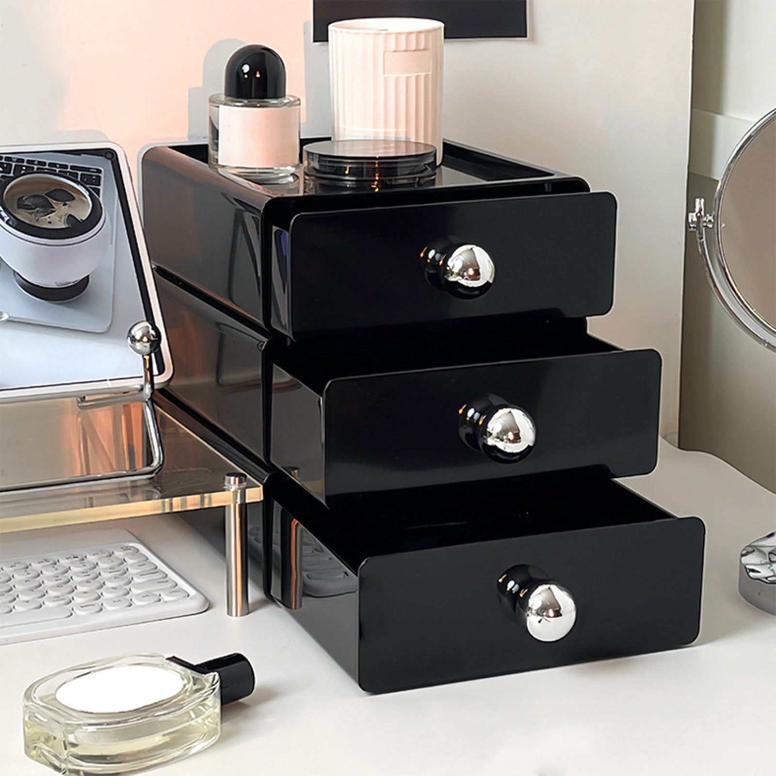Desktop Organizer, EDHITNR Stylish Drawer Storage Box, Plastic Cosmetic Office Desk Shelf Organizer with Smooth Slide Rail