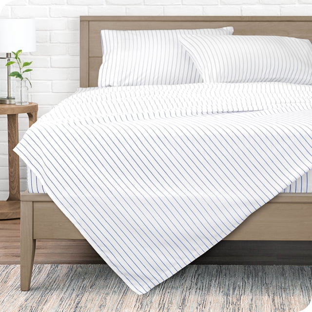 Bare Home Ultra-Soft Sheet Set - Premium 1800 Collection - Deep Pockets - 5-Pieces - Split King, Pinstripe - White/Marine