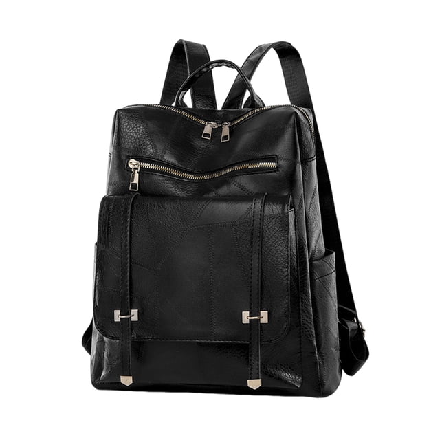 tredstone womens fashion backpack with stitched texture PU leather in black, featuring a spacious interior, back zipper pocket for anti-theft storage, and durable hardware accents. Waterproof and wrinkle-resistant, this stylish backpack is ideal for commuting, travel, or casual outings.