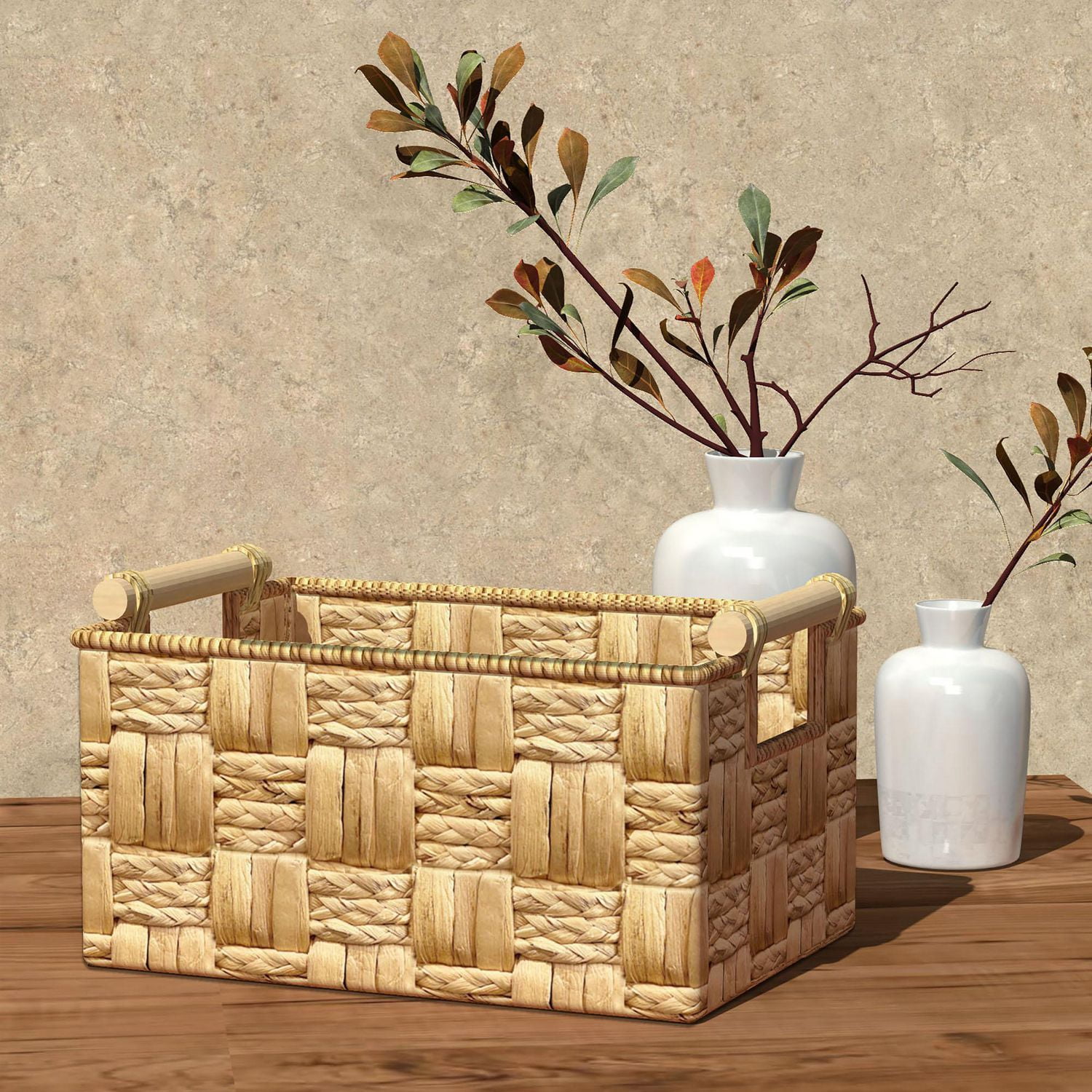 Zenna Home Panier de rangement tissé jacinthe d'eau et feuilles naturelles