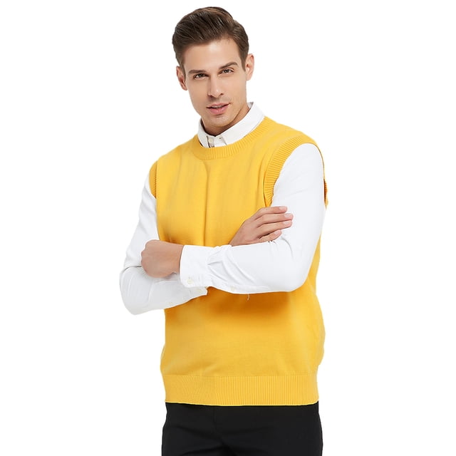 TOPTIE Men's 100% Cotton Knit Sweater Vest in a solid yellow color, featuring a crew neck and sleeveless design. Made from lightweight, soft, and skin-friendly cotton material, this slim-fit sweater vest is shown worn over a white dress shirt with black pants. The ribbed hem and clean design make it suitable for layering or standalone wear.