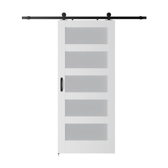 5-Panel Glass Barn Door With Sliding Door Hardware Kit & Handle, Wooden Solid MDF Core & Eco Water-Proof PVC Veneer, White ,Long Lasting