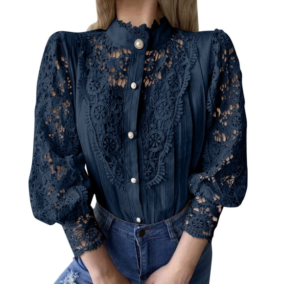 Women's Lace Blouse, Long Sleeve Round Neck Casual Shirt, Button Down Top for Elegant Daily and Business Wear