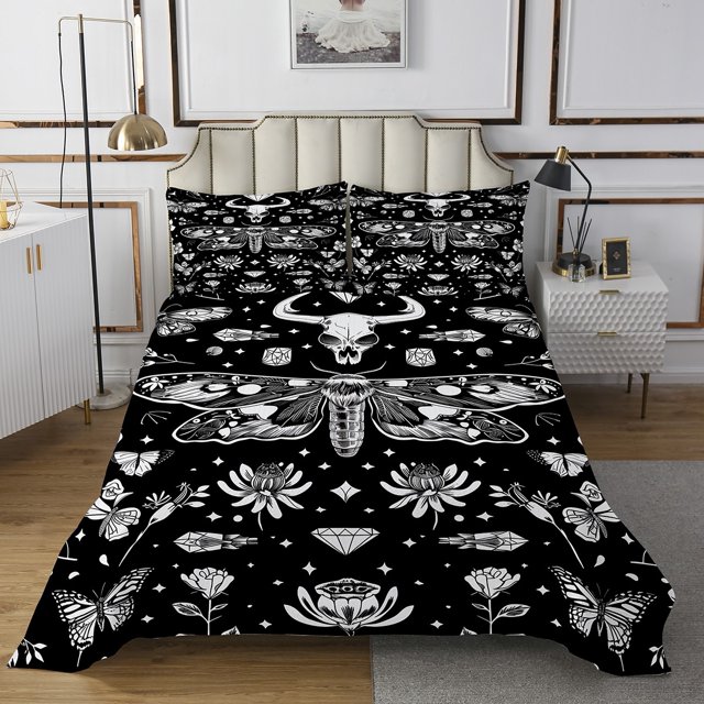 Erosebridal Vintage Moth Coverlet Set Twin, Boho Flower Butterfly Bedding Set, Gothic Style Decor, 2-Piece