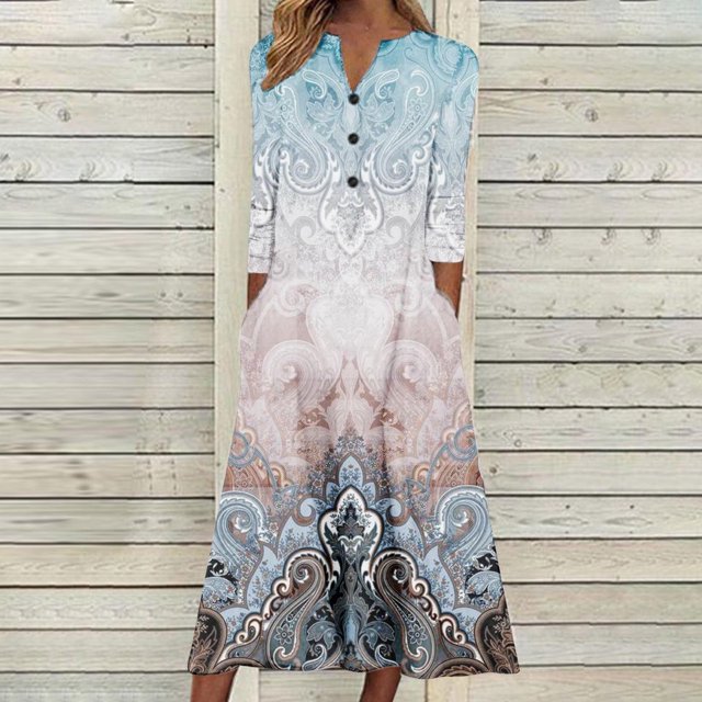 Babysbule Liquidation Robes d'Automne pour Femmes Mode Femmes Décontracté Élégant Col Rond Imprimé Été Manches Longues Poches Robe
