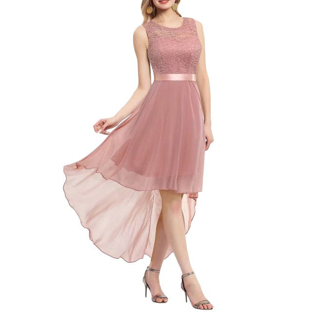 Kmbangi Robe Trapèze de Soirée pour Femme, Dentelle Patchwork, Grande Ampleur, Robe en Mousseline, Été, Col Rond, Sans Manches, Ourlet Irrégulier