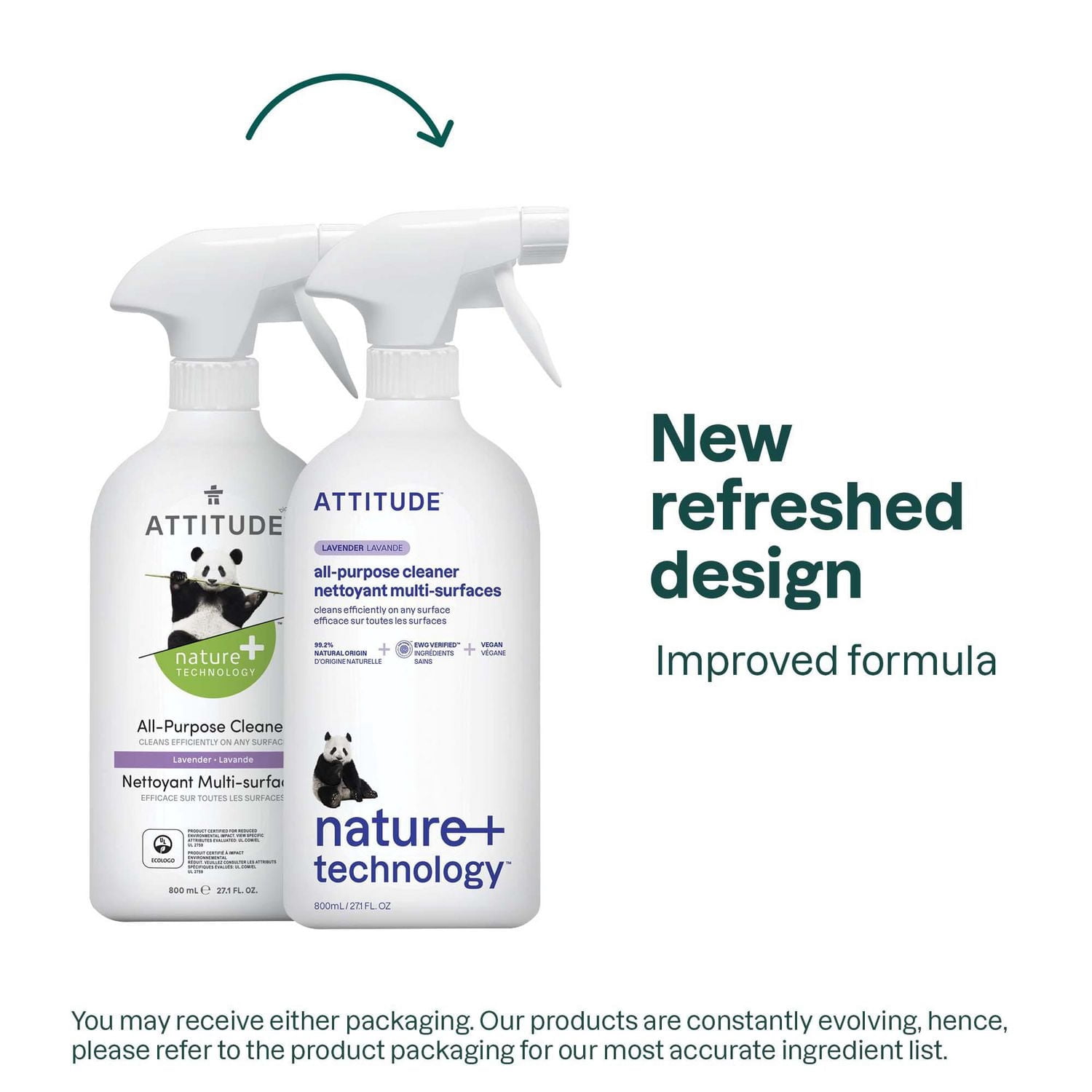 ATTITUDE nature+ technology, Nettoyant Tout-Usage, Vaporisateur, Nettoyant Naturel, Parfum de Lavande, 800ml