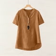 thumbnail image 4 of Floleo T-Shirt à Manches Courtes pour Femmes, Style Lin, Col en V, Boutons devant, Demi-Ouverture, Haut Vintage Classique, Respirant, Confortable, Extensible, Tissu Fin, Printemps Été Automne, Tenue Quotidienne (Gold#2,L), 4 of 8