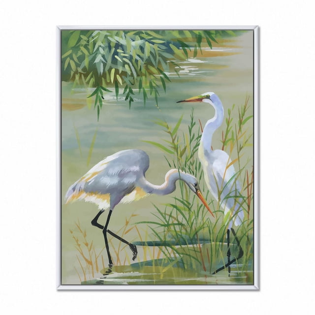 Designart Heron Birds I FLOAT FRAME WALL ART depicting two white heron birds in a green wetland with reeds and water, printed on fade-resistant cotton canvas stretched over a 1-inch wood floating frame with gallery-wrapped edges, ready to hang and ideal for adding natural wildlife art to home décor.