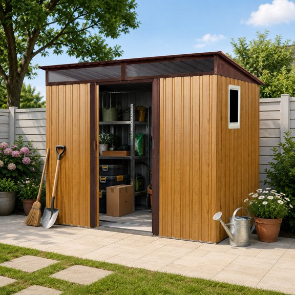 TAORUIFANG 8 ft x 6 ft Outdoor Metal Storage Shed with Window and Transparent plate for Garden, Lawn (Coffee)